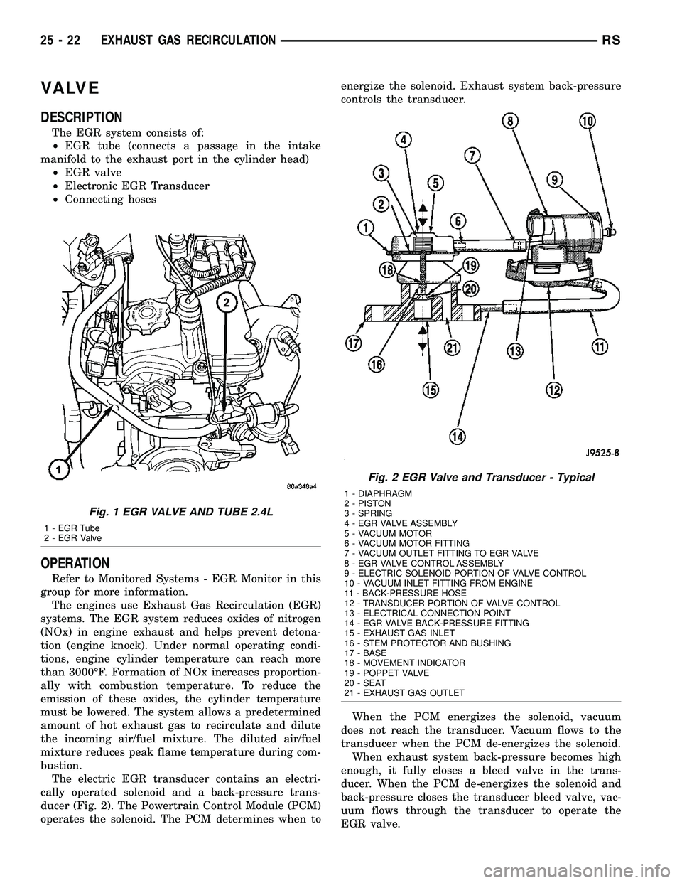 DODGE TOWN AND COUNTRY 2004  Service Manual VA LV E
DESCRIPTION
The EGR system consists of:
²EGR tube (connects a passage in the intake
manifold to the exhaust port in the cylinder head)
²EGR valve
²Electronic EGR Transducer
²Connecting hos