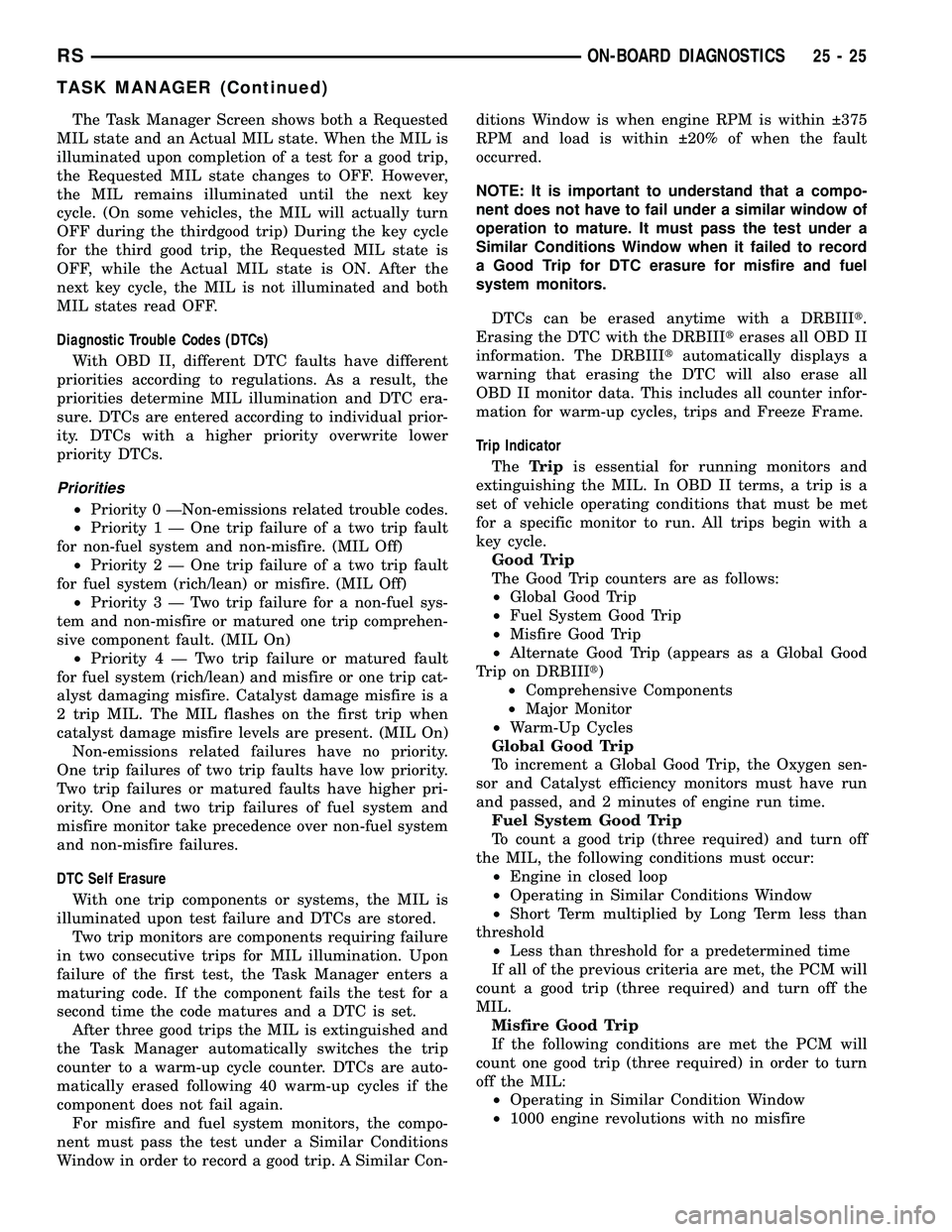 DODGE TOWN AND COUNTRY 2004  Service Manual The Task Manager Screen shows both a Requested
MIL state and an Actual MIL state. When the MIL is
illuminated upon completion of a test for a good trip,
the Requested MIL state changes to OFF. However