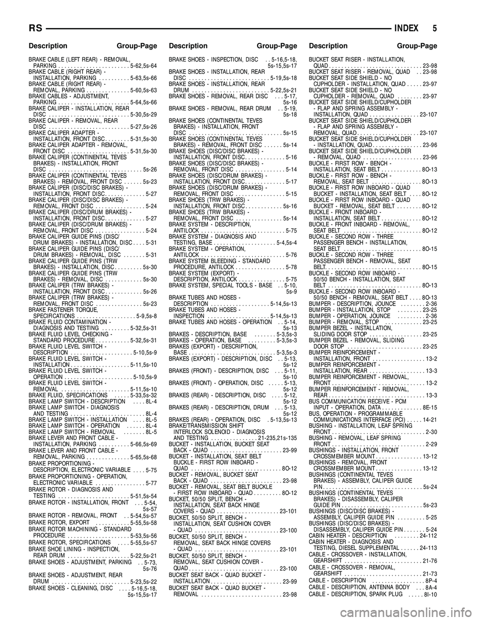 DODGE TOWN AND COUNTRY 2004 Service Manual BRAKE CABLE (LEFT REAR) - REMOVAL,
PARKING.......................5-62,5s-64
BRAKE CABLE (RIGHT REAR) -
INSTALLATION, PARKING..........5-63,5s-66
BRAKE CABLE (RIGHT REAR) -
REMOVAL, PARKING............ DODGE TOWN AND COUNTRY 2004 Service Manual BRAKE CABLE (LEFT REAR) - REMOVAL,
PARKING.......................5-62,5s-64
BRAKE CABLE (RIGHT REAR) -
INSTALLATION, PARKING..........5-63,5s-66
BRAKE CABLE (RIGHT REAR) -
REMOVAL, PARKING............
