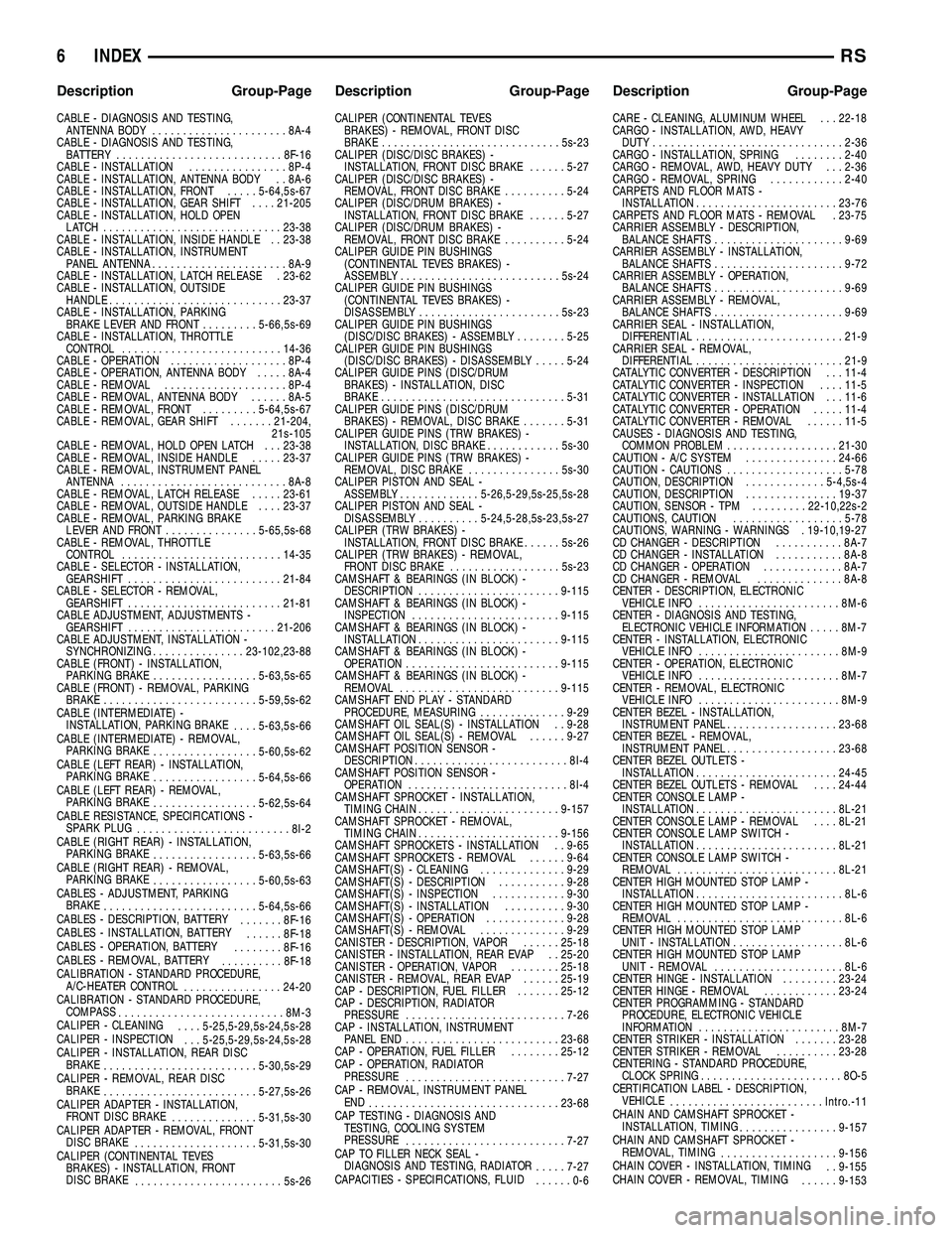 DODGE TOWN AND COUNTRY 2004 Service Manual CABLE - DIAGNOSIS AND TESTING,
ANTENNA BODY......................8A-4
CABLE - DIAGNOSIS AND TESTING,
BATTERY...........................8F-16
CABLE - INSTALLATION................8P-4
CABLE - INSTALLATI DODGE TOWN AND COUNTRY 2004 Service Manual CABLE - DIAGNOSIS AND TESTING,
ANTENNA BODY......................8A-4
CABLE - DIAGNOSIS AND TESTING,
BATTERY...........................8F-16
CABLE - INSTALLATION................8P-4
CABLE - INSTALLATI