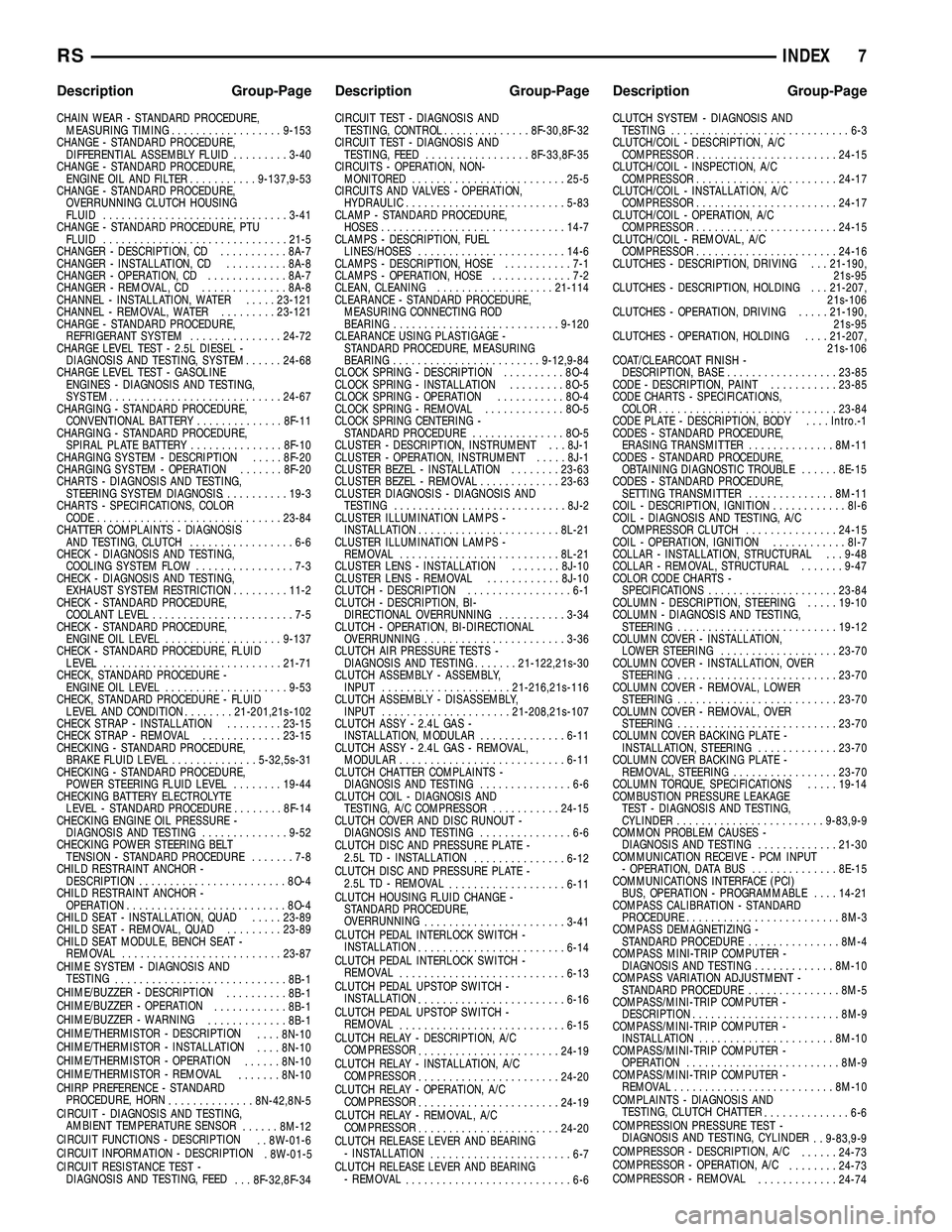 DODGE TOWN AND COUNTRY 2004 Service Manual CHAIN WEAR - STANDARD PROCEDURE,
MEASURING TIMING..................9-153
CHANGE - STANDARD PROCEDURE,
DIFFERENTIAL ASSEMBLY FLUID.........3-40
CHANGE - STANDARD PROCEDURE,
ENGINE OIL AND FILTER....... DODGE TOWN AND COUNTRY 2004 Service Manual CHAIN WEAR - STANDARD PROCEDURE,
MEASURING TIMING..................9-153
CHANGE - STANDARD PROCEDURE,
DIFFERENTIAL ASSEMBLY FLUID.........3-40
CHANGE - STANDARD PROCEDURE,
ENGINE OIL AND FILTER.......