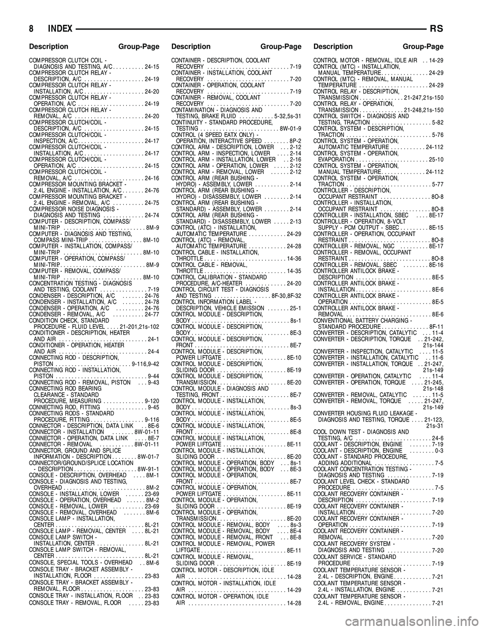 DODGE TOWN AND COUNTRY 2004 Service Manual COMPRESSOR CLUTCH COIL -
DIAGNOSIS AND TESTING, A/C..........24-15
COMPRESSOR CLUTCH RELAY -
DESCRIPTION, A/C...................24-19
COMPRESSOR CLUTCH RELAY -
INSTALLATION, A/C...................24-2 DODGE TOWN AND COUNTRY 2004 Service Manual COMPRESSOR CLUTCH COIL -
DIAGNOSIS AND TESTING, A/C..........24-15
COMPRESSOR CLUTCH RELAY -
DESCRIPTION, A/C...................24-19
COMPRESSOR CLUTCH RELAY -
INSTALLATION, A/C...................24-2