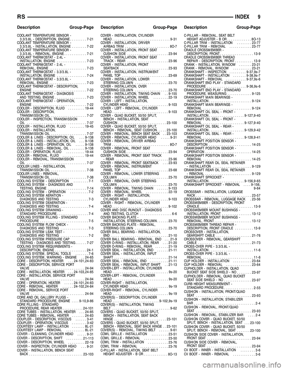 DODGE TOWN AND COUNTRY 2004 Service Manual COOLANT TEMPERATURE SENSOR -
3.3/3.8L - DESCRIPTION, ENGINE.........7-21
COOLANT TEMPERATURE SENSOR -
3.3/3.8L - INSTALLATION, ENGINE........7-22
COOLANT TEMPERATURE SENSOR -
3.3/3.8L - REMOVAL, ENGIN DODGE TOWN AND COUNTRY 2004 Service Manual COOLANT TEMPERATURE SENSOR -
3.3/3.8L - DESCRIPTION, ENGINE.........7-21
COOLANT TEMPERATURE SENSOR -
3.3/3.8L - INSTALLATION, ENGINE........7-22
COOLANT TEMPERATURE SENSOR -
3.3/3.8L - REMOVAL, ENGIN