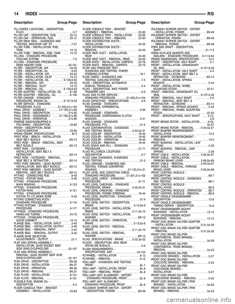 DODGE TOWN AND COUNTRY 2004  Service Manual FILL/CHECK LOCATIONS - DESCRIPTION,
FLUID...............................0-7
FILLER CAP - DESCRIPTION, FUEL.......25-12
FILLER CAP - OPERATION, FUEL........25-12
FILLER NECK SEAL - DIAGNOSIS AND
TESTIN