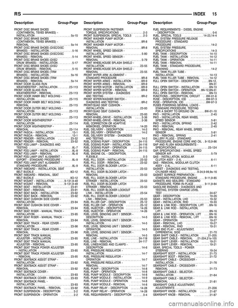 DODGE TOWN AND COUNTRY 2004 Service Manual FRONT DISC BRAKE SHOES
(CONTINENTAL TEVES BRAKES) -
INSTALLATION.......................5s-15
FRONT DISC BRAKE SHOES
(CONTINENTAL TEVES BRAKES) -
REMOVAL..........................5s-14
FRONT DISC BRAKE DODGE TOWN AND COUNTRY 2004 Service Manual FRONT DISC BRAKE SHOES
(CONTINENTAL TEVES BRAKES) -
INSTALLATION.......................5s-15
FRONT DISC BRAKE SHOES
(CONTINENTAL TEVES BRAKES) -
REMOVAL..........................5s-14
FRONT DISC BRAKE
