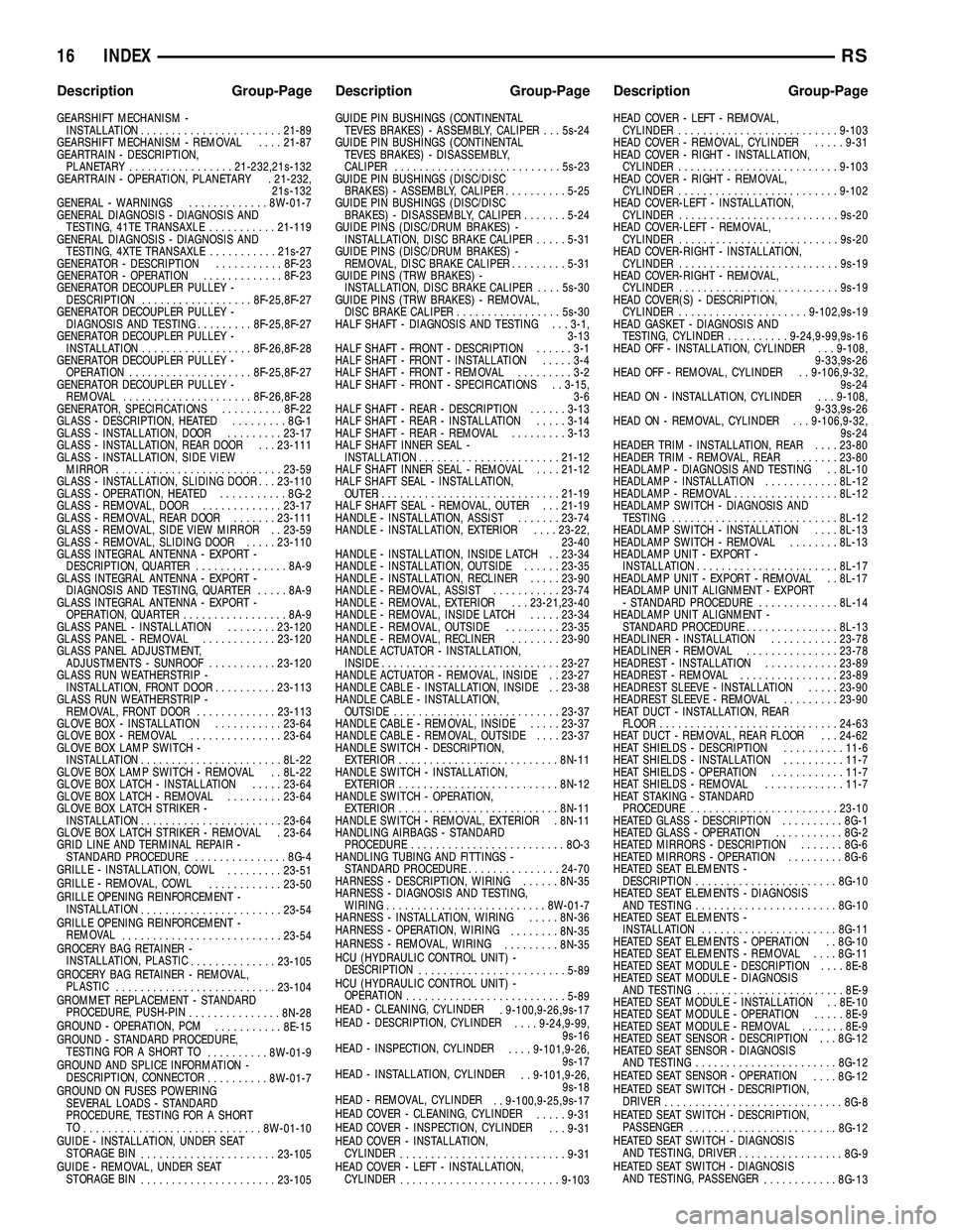 DODGE TOWN AND COUNTRY 2004 Service Manual GEARSHIFT MECHANISM -
INSTALLATION.......................21-89
GEARSHIFT MECHANISM - REMOVAL....21-87
GEARTRAIN - DESCRIPTION,
PLANETARY.................21-232,21s-132
GEARTRAIN - OPERATION, PLANETARY DODGE TOWN AND COUNTRY 2004 Service Manual GEARSHIFT MECHANISM -
INSTALLATION.......................21-89
GEARSHIFT MECHANISM - REMOVAL....21-87
GEARTRAIN - DESCRIPTION,
PLANETARY.................21-232,21s-132
GEARTRAIN - OPERATION, PLANETARY