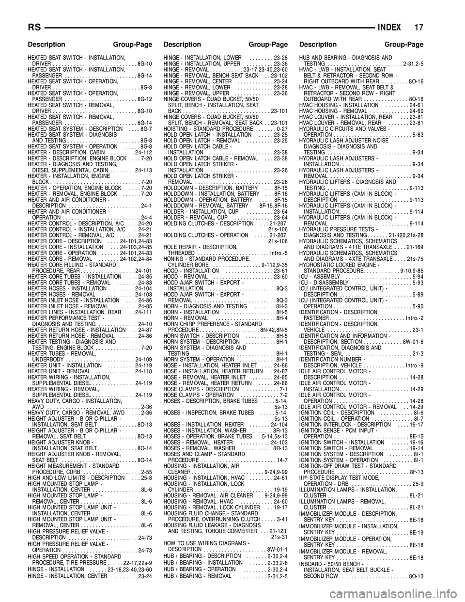 DODGE TOWN AND COUNTRY 2004  Service Manual HEATED SEAT SWITCH - INSTALLATION,
DRIVER............................8G-10
HEATED SEAT SWITCH - INSTALLATION,
PASSENGER........................8G-14
HEATED SEAT SWITCH - OPERATION,
DRIVER.............