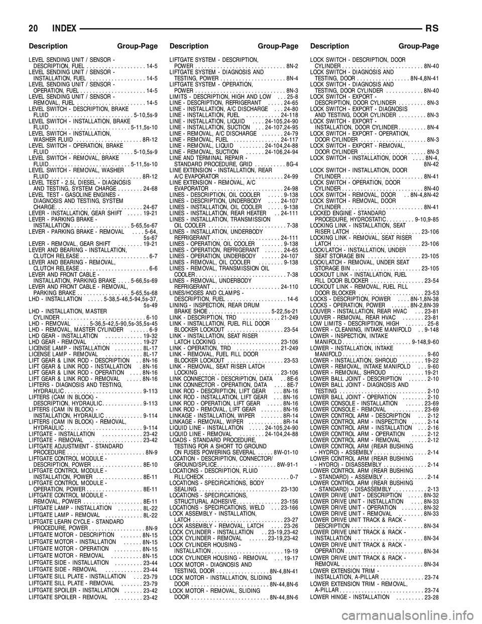 DODGE TOWN AND COUNTRY 2004 Service Manual LEVEL SENDING UNIT / SENSOR -
DESCRIPTION, FUEL...................14-5
LEVEL SENDING UNIT / SENSOR -
INSTALLATION, FUEL..................14-5
LEVEL SENDING UNIT / SENSOR -
OPERATION, FUEL............. DODGE TOWN AND COUNTRY 2004 Service Manual LEVEL SENDING UNIT / SENSOR -
DESCRIPTION, FUEL...................14-5
LEVEL SENDING UNIT / SENSOR -
INSTALLATION, FUEL..................14-5
LEVEL SENDING UNIT / SENSOR -
OPERATION, FUEL.............