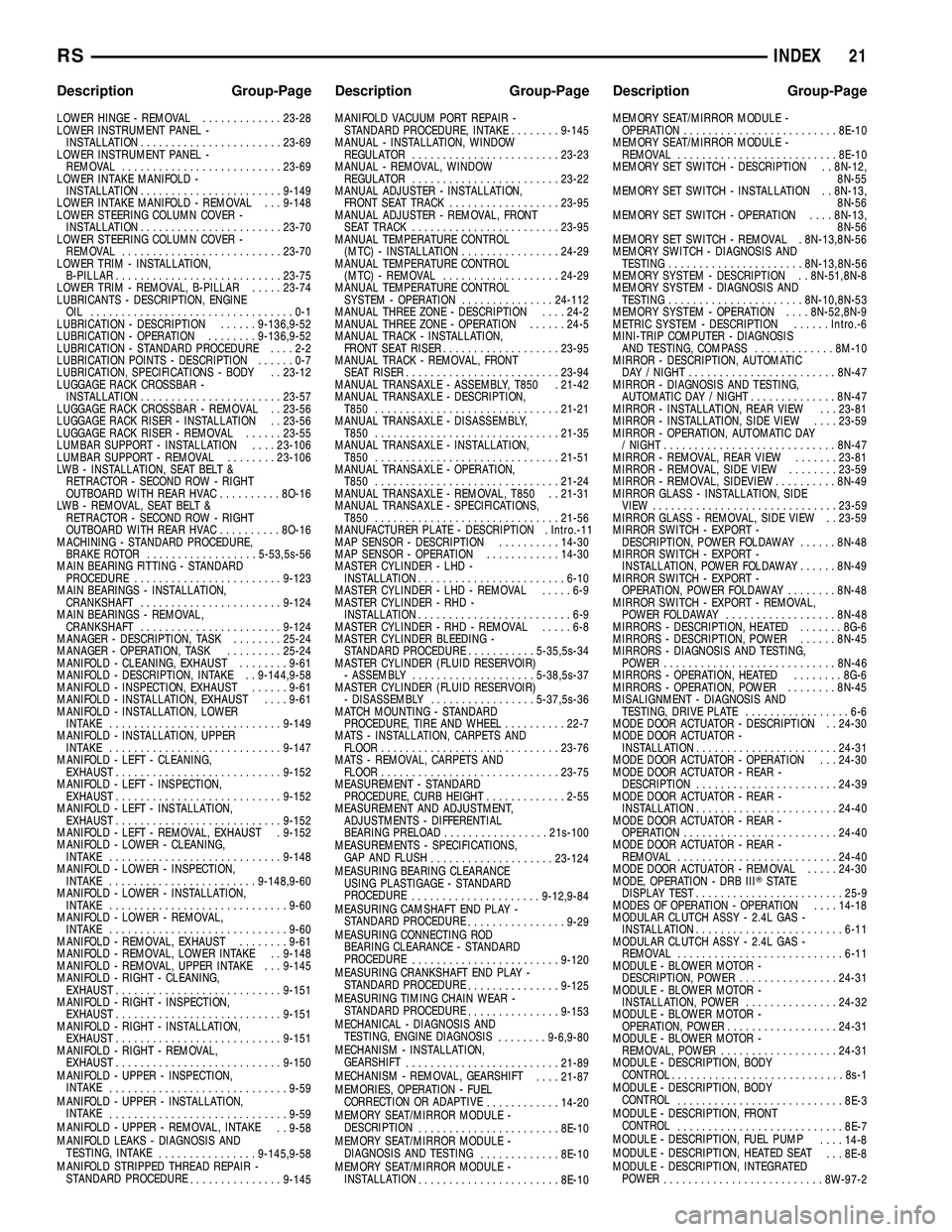 DODGE TOWN AND COUNTRY 2004 Service Manual LOWER HINGE - REMOVAL.............23-28
LOWER INSTRUMENT PANEL -
INSTALLATION.......................23-69
LOWER INSTRUMENT PANEL -
REMOVAL..........................23-69
LOWER INTAKE MANIFOLD -
INSTAL DODGE TOWN AND COUNTRY 2004 Service Manual LOWER HINGE - REMOVAL.............23-28
LOWER INSTRUMENT PANEL -
INSTALLATION.......................23-69
LOWER INSTRUMENT PANEL -
REMOVAL..........................23-69
LOWER INTAKE MANIFOLD -
INSTAL
