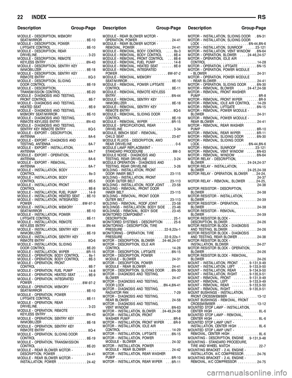 DODGE TOWN AND COUNTRY 2004  Service Manual MODULE - DESCRIPTION, MEMORY
SEAT/MIRROR.......................8E-10
MODULE - DESCRIPTION, POWER
LIFTGATE CONTROL..................8E-10
MODULE - DESCRIPTION, REAR
DRIVELINE...........................