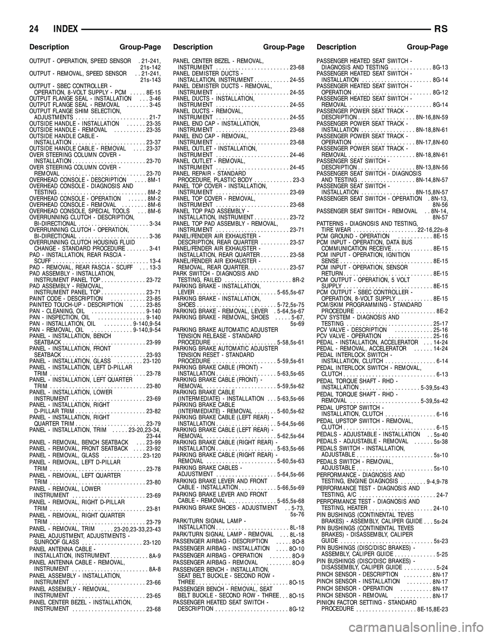 DODGE TOWN AND COUNTRY 2004  Service Manual OUTPUT - OPERATION, SPEED SENSOR . 21-241,
21s-142
OUTPUT - REMOVAL, SPEED SENSOR . . 21-241,
21s-143
OUTPUT - SBEC CONTROLLER -
OPERATION, 8-VOLT SUPPLY - PCM.....8E-15
OUTPUT FLANGE SEAL - INSTALLAT