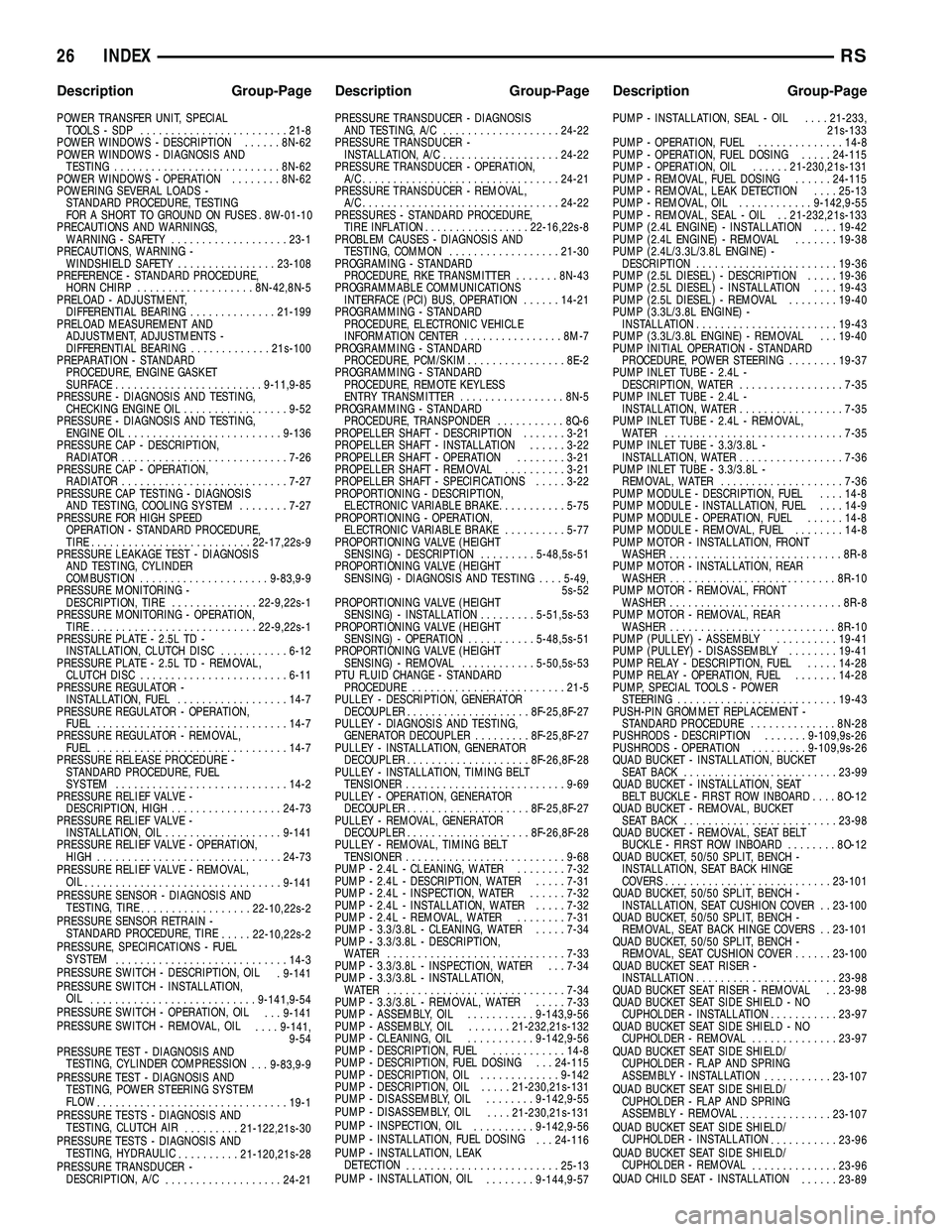 DODGE TOWN AND COUNTRY 2004 Service Manual POWER TRANSFER UNIT, SPECIAL
TOOLS - SDP........................21-8
POWER WINDOWS - DESCRIPTION......8N-62
POWER WINDOWS - DIAGNOSIS AND
TESTING...........................8N-62
POWER WINDOWS - OPERAT DODGE TOWN AND COUNTRY 2004 Service Manual POWER TRANSFER UNIT, SPECIAL
TOOLS - SDP........................21-8
POWER WINDOWS - DESCRIPTION......8N-62
POWER WINDOWS - DIAGNOSIS AND
TESTING...........................8N-62
POWER WINDOWS - OPERAT