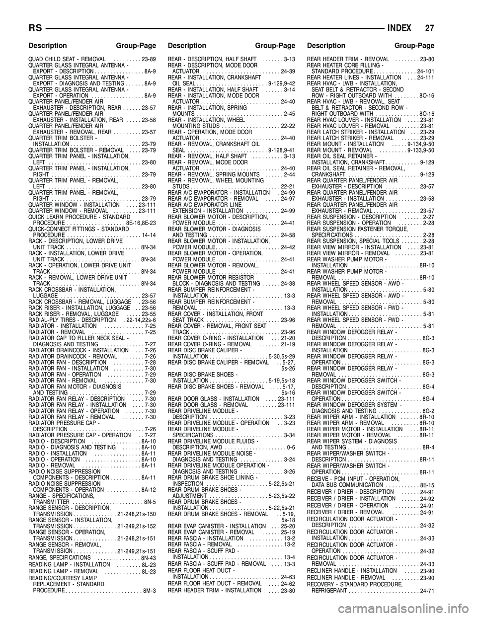 DODGE TOWN AND COUNTRY 2004  Service Manual QUAD CHILD SEAT - REMOVAL.........23-89
QUARTER GLASS INTEGRAL ANTENNA -
EXPORT - DESCRIPTION................8A-9
QUARTER GLASS INTEGRAL ANTENNA -
EXPORT - DIAGNOSIS AND TESTING......8A-9
QUARTER GLAS