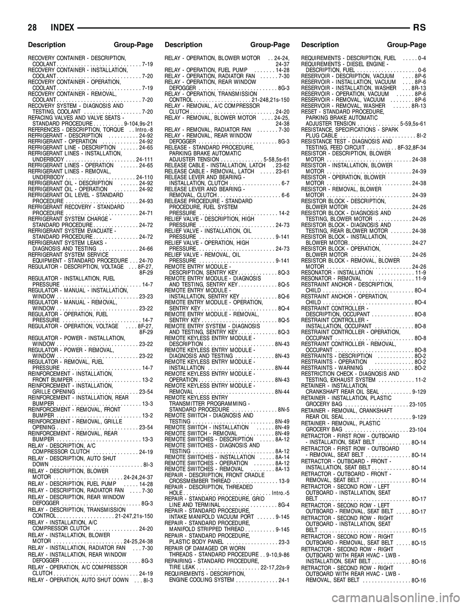 DODGE TOWN AND COUNTRY 2004 Service Manual RECOVERY CONTAINER - DESCRIPTION,
COOLANT............................7-19
RECOVERY CONTAINER - INSTALLATION,
COOLANT............................7-20
RECOVERY CONTAINER - OPERATION,
COOLANT............ DODGE TOWN AND COUNTRY 2004 Service Manual RECOVERY CONTAINER - DESCRIPTION,
COOLANT............................7-19
RECOVERY CONTAINER - INSTALLATION,
COOLANT............................7-20
RECOVERY CONTAINER - OPERATION,
COOLANT............