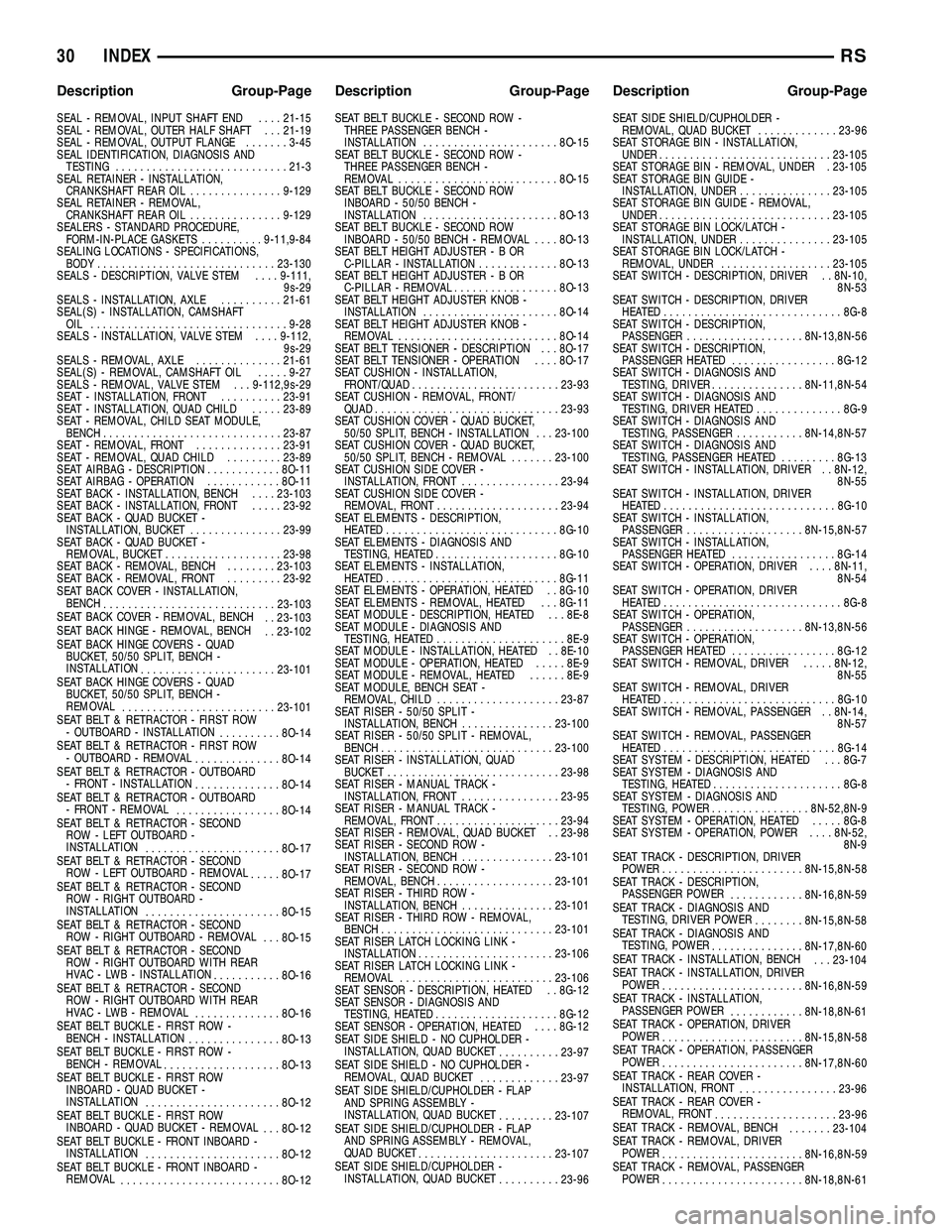 DODGE TOWN AND COUNTRY 2004  Service Manual SEAL - REMOVAL, INPUT SHAFT END....21-15
SEAL - REMOVAL, OUTER HALF SHAFT . . . 21-19
SEAL - REMOVAL, OUTPUT FLANGE.......3-45
SEAL IDENTIFICATION, DIAGNOSIS AND
TESTING............................21-