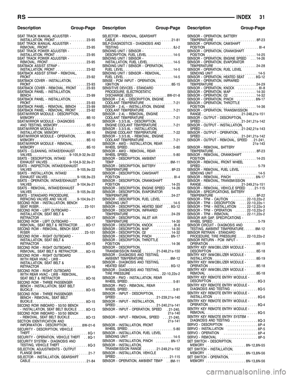 DODGE TOWN AND COUNTRY 2004  Service Manual SEAT TRACK MANUAL ADJUSTER -
INSTALLATION, FRONT................23-95
SEAT TRACK MANUAL ADJUSTER -
REMOVAL, FRONT....................23-95
SEAT TRACK POWER ADJUSTER -
INSTALLATION, FRONT..............