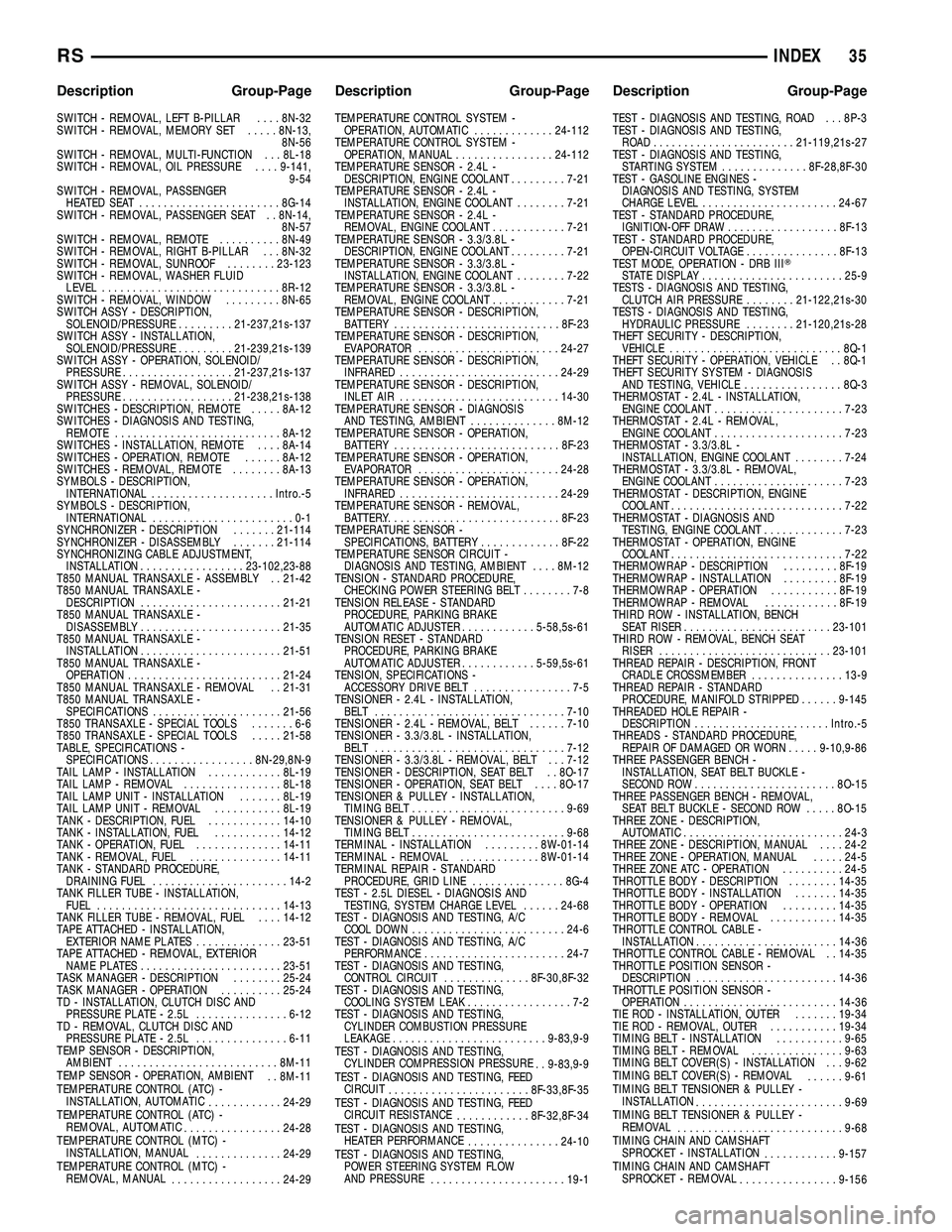 DODGE TOWN AND COUNTRY 2004 Service Manual SWITCH - REMOVAL, LEFT B-PILLAR....8N-32
SWITCH - REMOVAL, MEMORY SET.....8N-13,
8N-56
SWITCH - REMOVAL, MULTI-FUNCTION . . . 8L-18
SWITCH - REMOVAL, OIL PRESSURE....9-141,
9-54
SWITCH - REMOVAL, PASS DODGE TOWN AND COUNTRY 2004 Service Manual SWITCH - REMOVAL, LEFT B-PILLAR....8N-32
SWITCH - REMOVAL, MEMORY SET.....8N-13,
8N-56
SWITCH - REMOVAL, MULTI-FUNCTION . . . 8L-18
SWITCH - REMOVAL, OIL PRESSURE....9-141,
9-54
SWITCH - REMOVAL, PASS