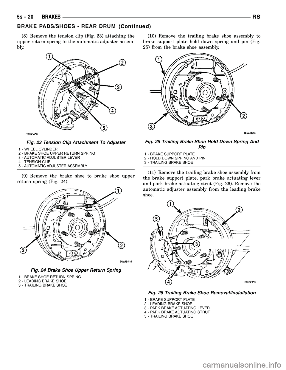 DODGE TOWN AND COUNTRY 2004  Service Manual (8) Remove the tension clip (Fig. 23) attaching the
upper return spring to the automatic adjuster assem-
bly.
(9) Remove the brake shoe to brake shoe upper
return spring (Fig. 24). (10) Remove the tra