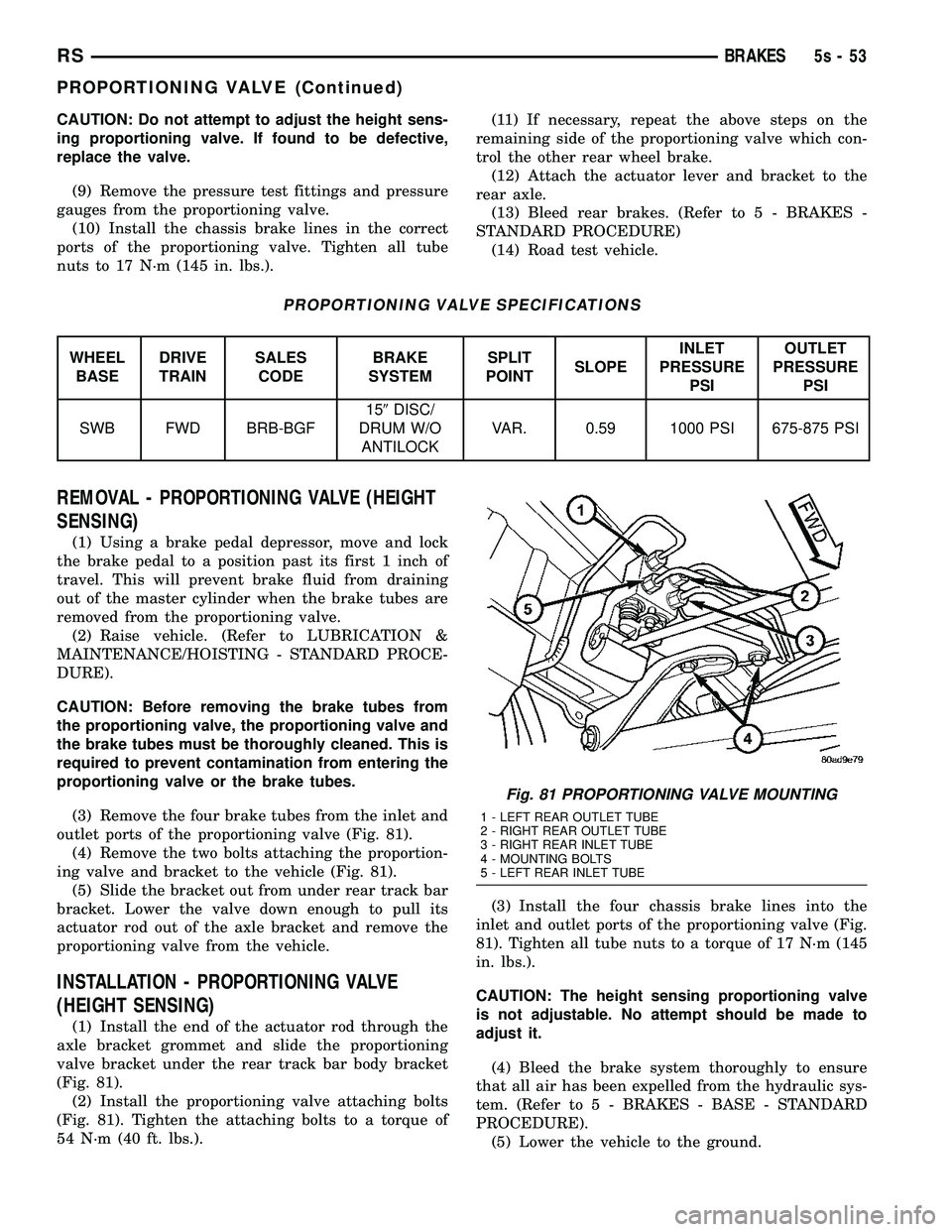 DODGE TOWN AND COUNTRY 2004 Service Manual CAUTION: Do not attempt to adjust the height sens-
ing proportioning valve. If found to be defective,
replace the valve.(9) Remove the pressure test fittings and pressure
gauges from the proportioning DODGE TOWN AND COUNTRY 2004 Service Manual CAUTION: Do not attempt to adjust the height sens-
ing proportioning valve. If found to be defective,
replace the valve.(9) Remove the pressure test fittings and pressure
gauges from the proportioning