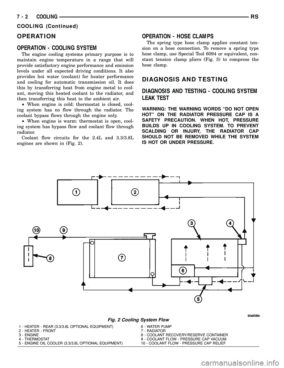 DODGE TOWN AND COUNTRY 2004 Service Manual OPERATION
OPERATION - COOLING SYSTEM
The engine cooling systems primary purpose is to
maintain engine temperature in a range that will
provide satisfactory engine performance and emission
levels under DODGE TOWN AND COUNTRY 2004 Service Manual OPERATION
OPERATION - COOLING SYSTEM
The engine cooling systems primary purpose is to
maintain engine temperature in a range that will
provide satisfactory engine performance and emission
levels under