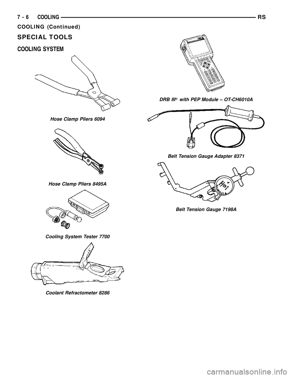 DODGE TOWN AND COUNTRY 2004 Service Manual SPECIAL TOOLS
COOLING SYSTEM
Hose Clamp Pliers 6094
Hose Clamp Pliers 8495A
Cooling System Tester 7700
Coolant Refractometer 8286
DRB IIITwith PEP Module ± OT-CH6010A
Belt Tension Gauge Adapter 8371
DODGE TOWN AND COUNTRY 2004 Service Manual SPECIAL TOOLS
COOLING SYSTEM
Hose Clamp Pliers 6094
Hose Clamp Pliers 8495A
Cooling System Tester 7700
Coolant Refractometer 8286
DRB IIITwith PEP Module ± OT-CH6010A
Belt Tension Gauge Adapter 8371