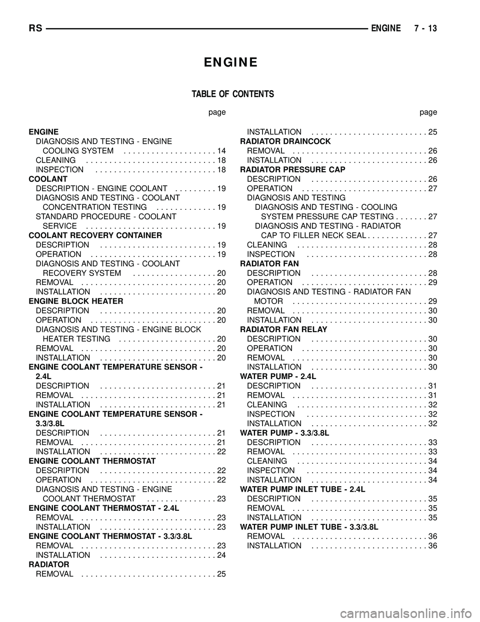 DODGE TOWN AND COUNTRY 2004 Owners Guide ENGINE
TABLE OF CONTENTS
page page
ENGINE
DIAGNOSIS AND TESTING - ENGINE
COOLING SYSTEM....................14
CLEANING............................18
INSPECTION..........................18
COOLANT
DESC DODGE TOWN AND COUNTRY 2004 Owners Guide ENGINE
TABLE OF CONTENTS
page page
ENGINE
DIAGNOSIS AND TESTING - ENGINE
COOLING SYSTEM....................14
CLEANING............................18
INSPECTION..........................18
COOLANT
DESC