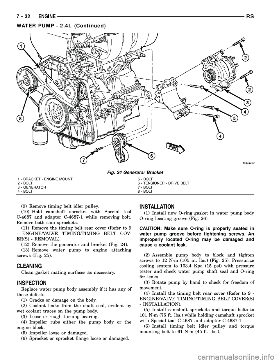 DODGE TOWN AND COUNTRY 2004 Service Manual (9) Remove timing belt idler pulley.
(10) Hold camshaft sprocket with Special tool
C-4687 and adaptor C-4687-1 while removing bolt.
Remove both cam sprockets.
(11) Remove the timing belt rear cover (R DODGE TOWN AND COUNTRY 2004 Service Manual (9) Remove timing belt idler pulley.
(10) Hold camshaft sprocket with Special tool
C-4687 and adaptor C-4687-1 while removing bolt.
Remove both cam sprockets.
(11) Remove the timing belt rear cover (R