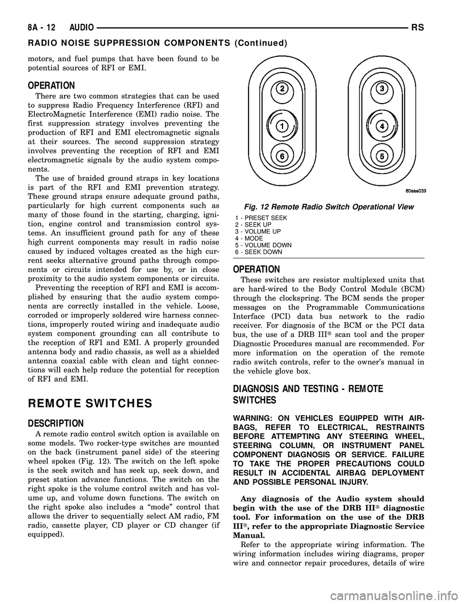 DODGE TOWN AND COUNTRY 2004  Service Manual motors, and fuel pumps that have been found to be
potential sources of RFI or EMI.
OPERATION
There are two common strategies that can be used
to suppress Radio Frequency Interference (RFI) and
Electro