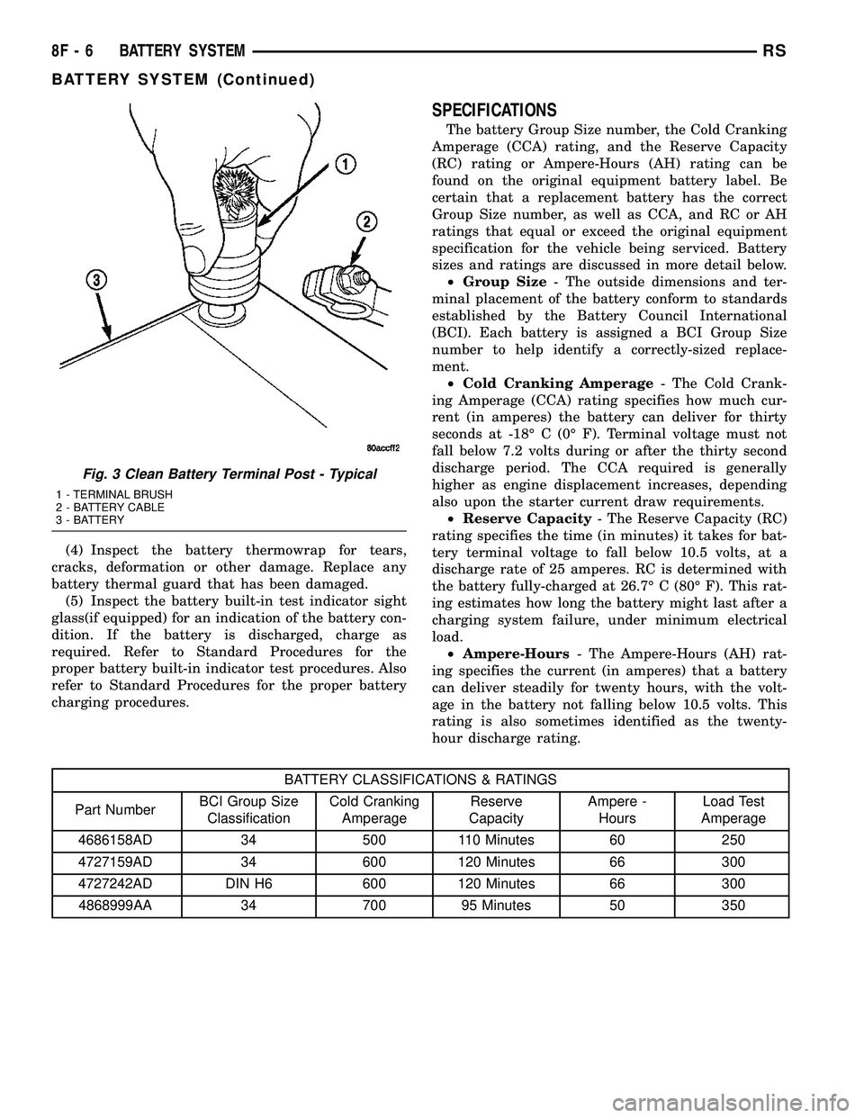 DODGE TOWN AND COUNTRY 2004  Service Manual (4) Inspect the battery thermowrap for tears,
cracks, deformation or other damage. Replace any
battery thermal guard that has been damaged.
(5) Inspect the battery built-in test indicator sight
glass(