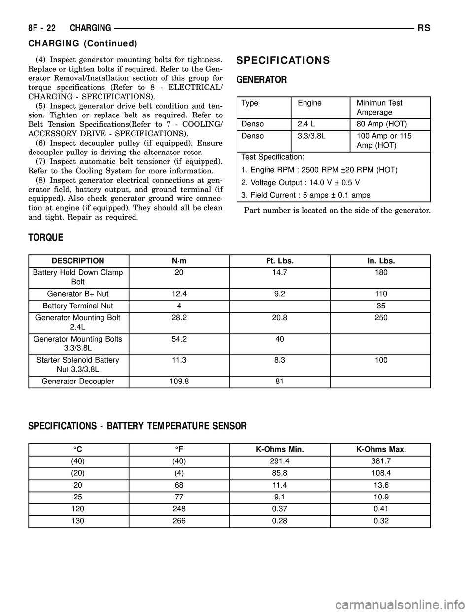 DODGE TOWN AND COUNTRY 2004 Workshop Manual (4) Inspect generator mounting bolts for tightness.
Replace or tighten bolts if required. Refer to the Gen-
erator Removal/Installation section of this group for
torque specifications (Refer to 8 - EL DODGE TOWN AND COUNTRY 2004 Workshop Manual (4) Inspect generator mounting bolts for tightness.
Replace or tighten bolts if required. Refer to the Gen-
erator Removal/Installation section of this group for
torque specifications (Refer to 8 - EL