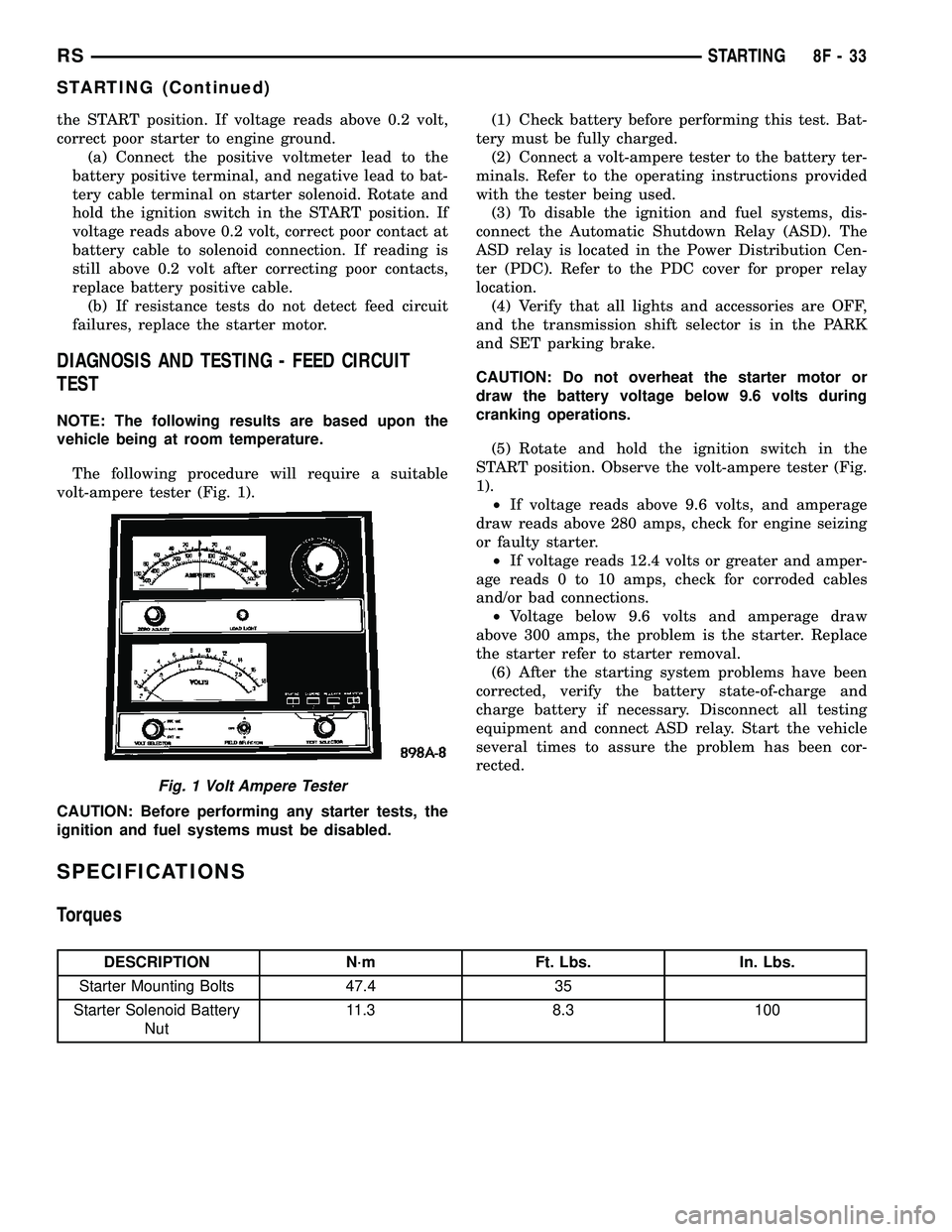 DODGE TOWN AND COUNTRY 2004 Service Manual the START position. If voltage reads above 0.2 volt,
correct poor starter to engine ground.
(a) Connect the positive voltmeter lead to the
battery positive terminal, and negative lead to bat-
tery cab DODGE TOWN AND COUNTRY 2004 Service Manual the START position. If voltage reads above 0.2 volt,
correct poor starter to engine ground.
(a) Connect the positive voltmeter lead to the
battery positive terminal, and negative lead to bat-
tery cab
