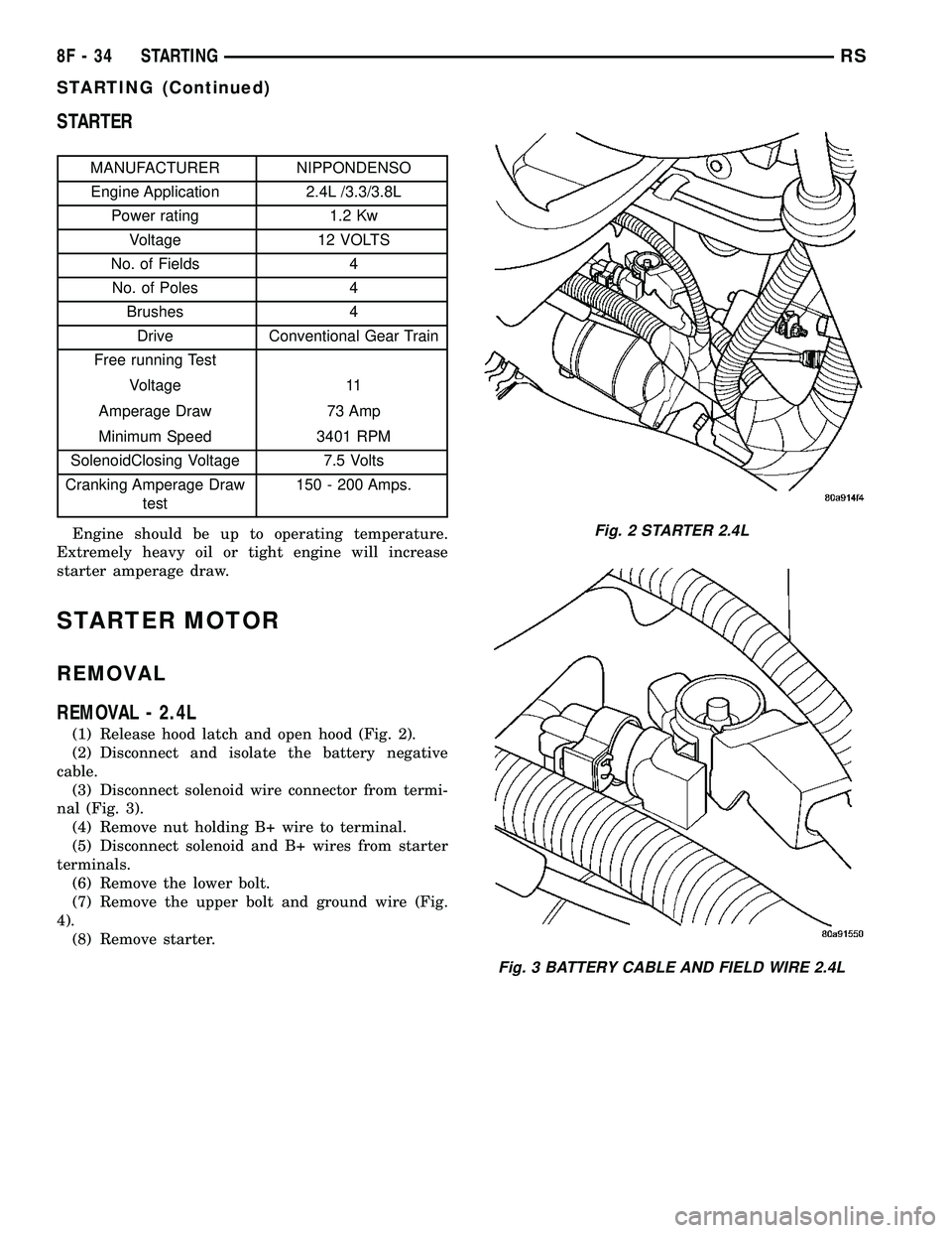DODGE TOWN AND COUNTRY 2004 Service Manual STARTER
MANUFACTURER NIPPONDENSO
Engine Application 2.4L /3.3/3.8L
Power rating 1.2 Kw
Voltage 12 VOLTS
No. of Fields 4
No. of Poles 4
Brushes 4
Drive Conventional Gear Train
Free running Test
Voltage DODGE TOWN AND COUNTRY 2004 Service Manual STARTER
MANUFACTURER NIPPONDENSO
Engine Application 2.4L /3.3/3.8L
Power rating 1.2 Kw
Voltage 12 VOLTS
No. of Fields 4
No. of Poles 4
Brushes 4
Drive Conventional Gear Train
Free running Test
Voltage