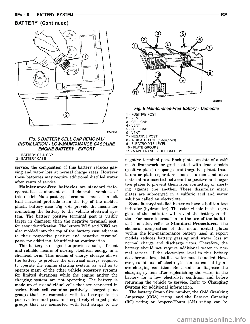 DODGE TOWN AND COUNTRY 2004 Service Manual service, the composition of this battery reduces gas-
sing and water loss at normal charge rates. However
these batteries may require additional distilled water
after years of service.Maintenance-free DODGE TOWN AND COUNTRY 2004 Service Manual service, the composition of this battery reduces gas-
sing and water loss at normal charge rates. However
these batteries may require additional distilled water
after years of service.Maintenance-free