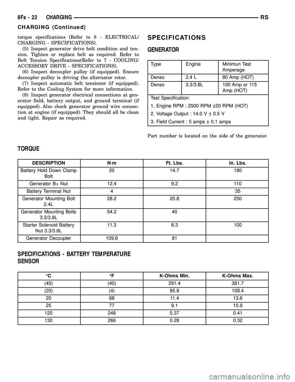 DODGE TOWN AND COUNTRY 2004 Repair Manual torque specifications (Refer to 8 - ELECTRICAL/
CHARGING - SPECIFICATIONS). (5) Inspect generator drive belt condition and ten-
sion. Tighten or replace belt as required. Refer to
Belt Tension Specifi DODGE TOWN AND COUNTRY 2004 Repair Manual torque specifications (Refer to 8 - ELECTRICAL/
CHARGING - SPECIFICATIONS). (5) Inspect generator drive belt condition and ten-
sion. Tighten or replace belt as required. Refer to
Belt Tension Specifi