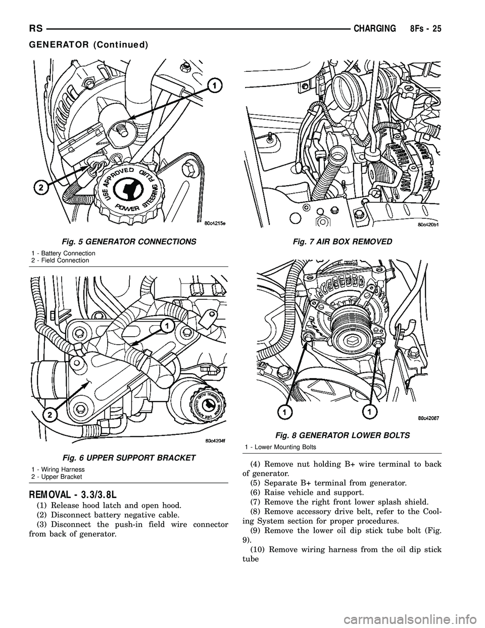 DODGE TOWN AND COUNTRY 2004 Service Manual REMOVAL - 3.3/3.8L
(1) Release hood latch and open hood.
(2) Disconnect battery negative cable.
(3) Disconnect the push-in field wire connector
from back of generator. (4) Remove nut holding B+ wire t DODGE TOWN AND COUNTRY 2004 Service Manual REMOVAL - 3.3/3.8L
(1) Release hood latch and open hood.
(2) Disconnect battery negative cable.
(3) Disconnect the push-in field wire connector
from back of generator. (4) Remove nut holding B+ wire t