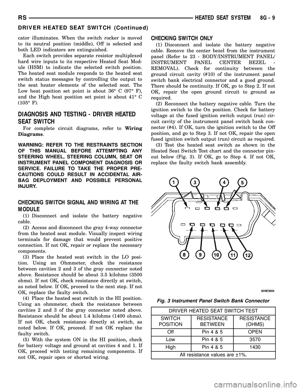 DODGE TOWN AND COUNTRY 2004 Service Manual cator illuminates. When the switch rocker is moved
to its neutral position (middle), Off is selected and
both LED indicators are extinguished.
Each switch provides separate resistor multiplexed
hard w DODGE TOWN AND COUNTRY 2004 Service Manual cator illuminates. When the switch rocker is moved
to its neutral position (middle), Off is selected and
both LED indicators are extinguished.
Each switch provides separate resistor multiplexed
hard w