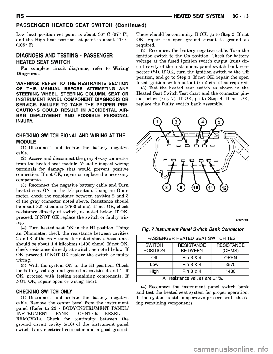 DODGE TOWN AND COUNTRY 2004 Service Manual Low heat position set point is about 36É C (97É F),
and the High heat position set point is about 41É C
(105É F).
DIAGNOSIS AND TESTING - PASSENGER
HEATED SEAT SWITCH
For complete circuit diagrams DODGE TOWN AND COUNTRY 2004 Service Manual Low heat position set point is about 36É C (97É F),
and the High heat position set point is about 41É C
(105É F).
DIAGNOSIS AND TESTING - PASSENGER
HEATED SEAT SWITCH
For complete circuit diagrams