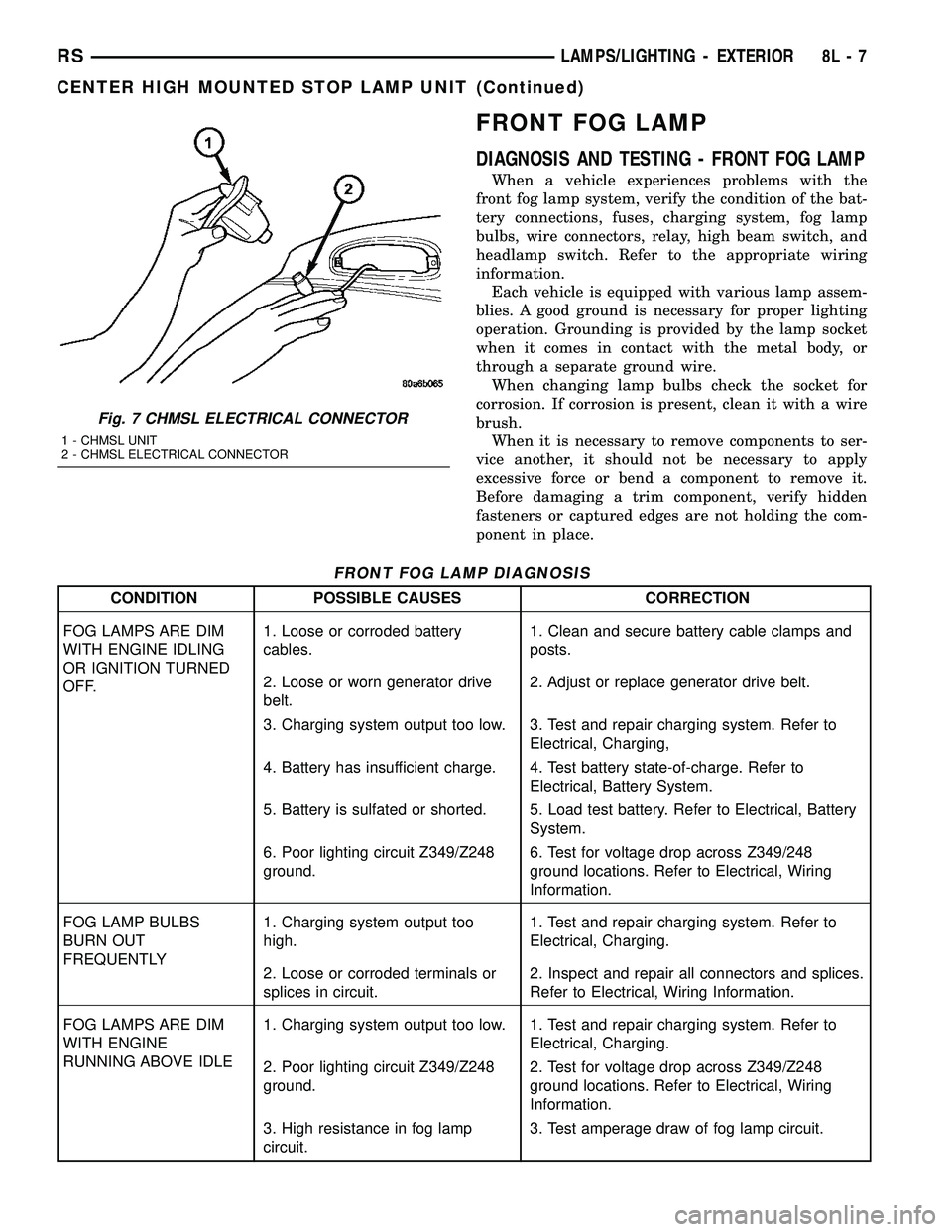 DODGE TOWN AND COUNTRY 2004 Manual PDF FRONT FOG LAMP
DIAGNOSIS AND TESTING - FRONT FOG LAMP
When a vehicle experiences problems with the
front fog lamp system, verify the condition of the bat-
tery connections, fuses, charging system, fog DODGE TOWN AND COUNTRY 2004 Manual PDF FRONT FOG LAMP
DIAGNOSIS AND TESTING - FRONT FOG LAMP
When a vehicle experiences problems with the
front fog lamp system, verify the condition of the bat-
tery connections, fuses, charging system, fog