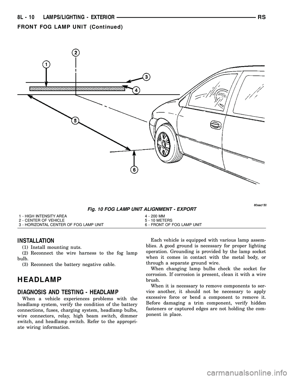 DODGE TOWN AND COUNTRY 2004 Service Manual INSTALLATION
(1) Install mounting nuts.
(2) Reconnect the wire harness to the fog lamp
bulb.
(3) Reconnect the battery negative cable.
HEADLAMP
DIAGNOSIS AND TESTING - HEADLAMP
When a vehicle experien DODGE TOWN AND COUNTRY 2004 Service Manual INSTALLATION
(1) Install mounting nuts.
(2) Reconnect the wire harness to the fog lamp
bulb.
(3) Reconnect the battery negative cable.
HEADLAMP
DIAGNOSIS AND TESTING - HEADLAMP
When a vehicle experien
