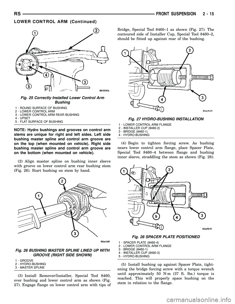 DODGE TOWN AND COUNTRY 2004 Workshop Manual NOTE: Hydro bushings and grooves on control arm
stems are unique for right and left sides. Left side
bushing master spline and control arm groove are
on the top (when mounted on vehicle). Right side
b