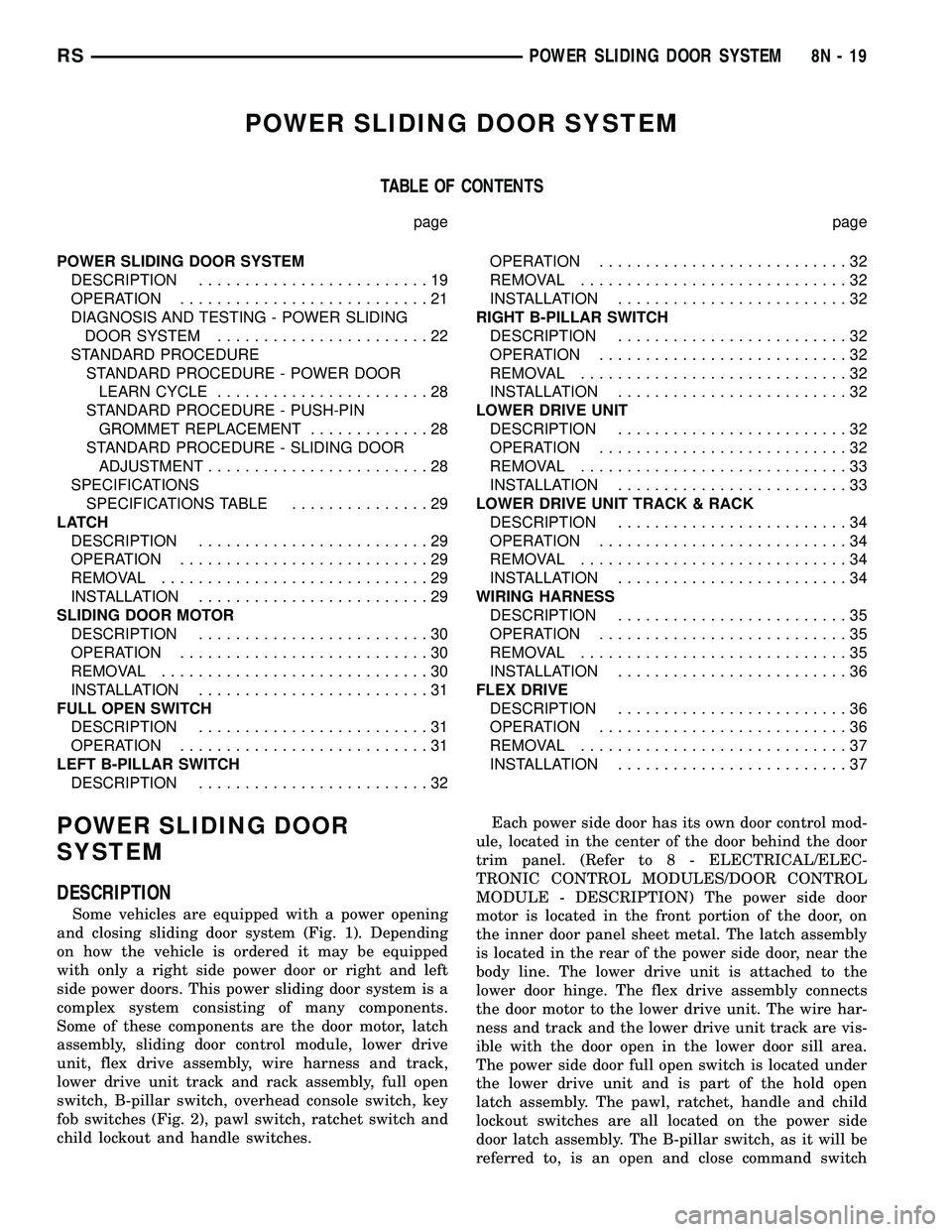 DODGE TOWN AND COUNTRY 2004 Service Manual POWER SLIDING DOOR SYSTEM
TABLE OF CONTENTS
page page
POWER SLIDING DOOR SYSTEM
DESCRIPTION.........................19
OPERATION...........................21
DIAGNOSIS AND TESTING - POWER SLIDING
DOOR DODGE TOWN AND COUNTRY 2004 Service Manual POWER SLIDING DOOR SYSTEM
TABLE OF CONTENTS
page page
POWER SLIDING DOOR SYSTEM
DESCRIPTION.........................19
OPERATION...........................21
DIAGNOSIS AND TESTING - POWER SLIDING
DOOR