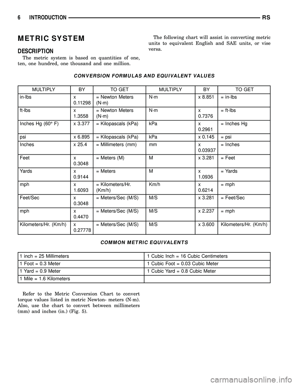 DODGE TOWN AND COUNTRY 2004 Service Manual METRIC SYSTEM
DESCRIPTION
The metric system is based on quantities of one,
ten, one hundred, one thousand and one million.The following chart will assist in converting metric
units to equivalent Engli DODGE TOWN AND COUNTRY 2004 Service Manual METRIC SYSTEM
DESCRIPTION
The metric system is based on quantities of one,
ten, one hundred, one thousand and one million.The following chart will assist in converting metric
units to equivalent Engli