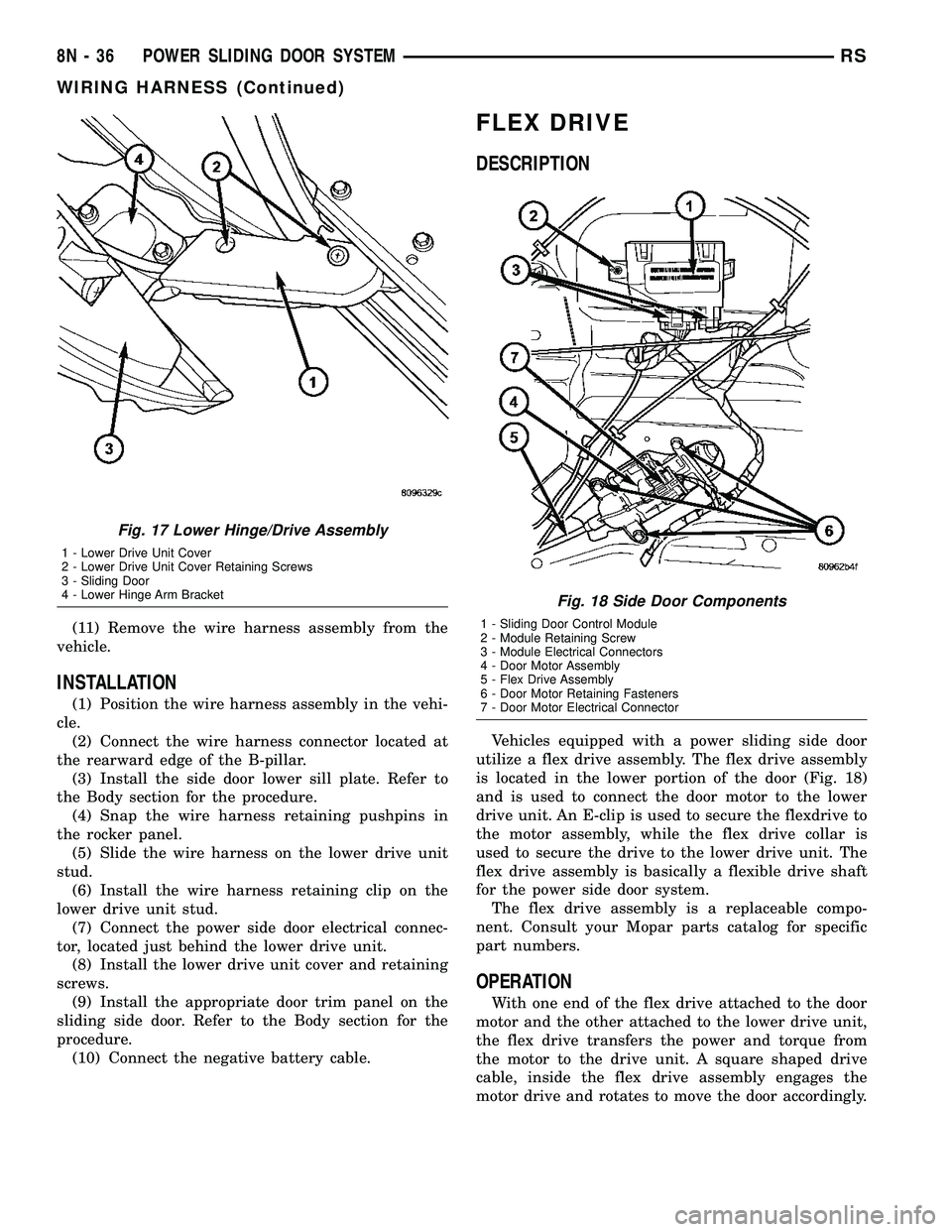 DODGE TOWN AND COUNTRY 2004 Service Manual (11) Remove the wire harness assembly from the
vehicle.
INSTALLATION
(1) Position the wire harness assembly in the vehi-
cle.
(2) Connect the wire harness connector located at
the rearward edge of the DODGE TOWN AND COUNTRY 2004 Service Manual (11) Remove the wire harness assembly from the
vehicle.
INSTALLATION
(1) Position the wire harness assembly in the vehi-
cle.
(2) Connect the wire harness connector located at
the rearward edge of the