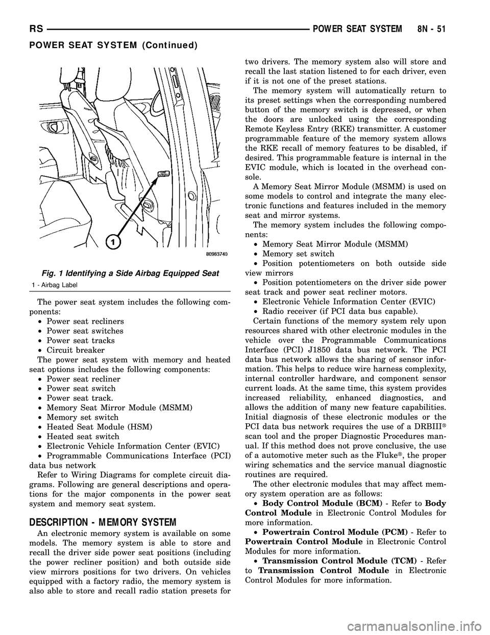 DODGE TOWN AND COUNTRY 2004 Service Manual The power seat system includes the following com-
ponents:
²Power seat recliners
²Power seat switches
²Power seat tracks
²Circuit breaker
The power seat system with memory and heated
seat options DODGE TOWN AND COUNTRY 2004 Service Manual The power seat system includes the following com-
ponents:
²Power seat recliners
²Power seat switches
²Power seat tracks
²Circuit breaker
The power seat system with memory and heated
seat options