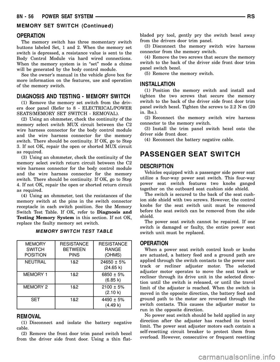 DODGE TOWN AND COUNTRY 2004 Service Manual OPERATION
The memory switch has three momentary switch
buttons labeled Set, 1 and 2. When the memory set
switch is depressed, a resistance value is sent to the
Body Control Module via hard wired conne DODGE TOWN AND COUNTRY 2004 Service Manual OPERATION
The memory switch has three momentary switch
buttons labeled Set, 1 and 2. When the memory set
switch is depressed, a resistance value is sent to the
Body Control Module via hard wired conne