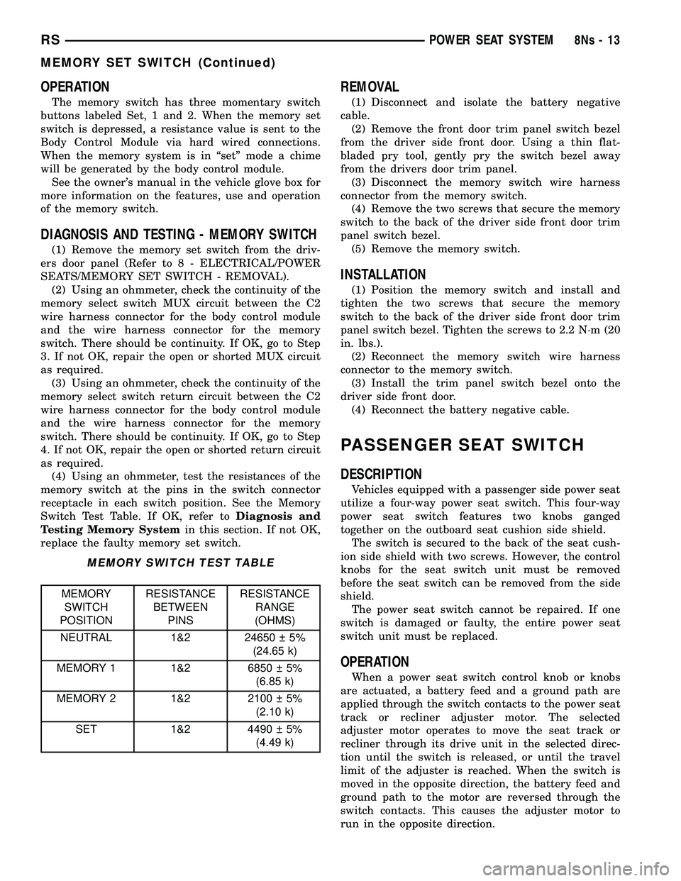 DODGE TOWN AND COUNTRY 2004  Service Manual OPERATION
The memory switch has three momentary switch
buttons labeled Set, 1 and 2. When the memory set
switch is depressed, a resistance value is sent to the
Body Control Module via hard wired conne