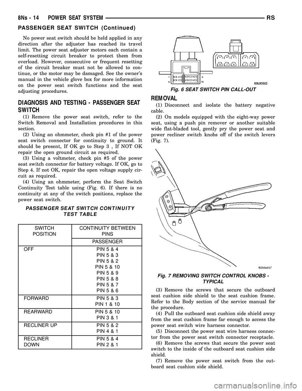 DODGE TOWN AND COUNTRY 2004 Service Manual No power seat switch should be held applied in any
direction after the adjuster has reached its travel
limit. The power seat adjuster motors each contain a
self-resetting circuit breaker to protect th DODGE TOWN AND COUNTRY 2004 Service Manual No power seat switch should be held applied in any
direction after the adjuster has reached its travel
limit. The power seat adjuster motors each contain a
self-resetting circuit breaker to protect th