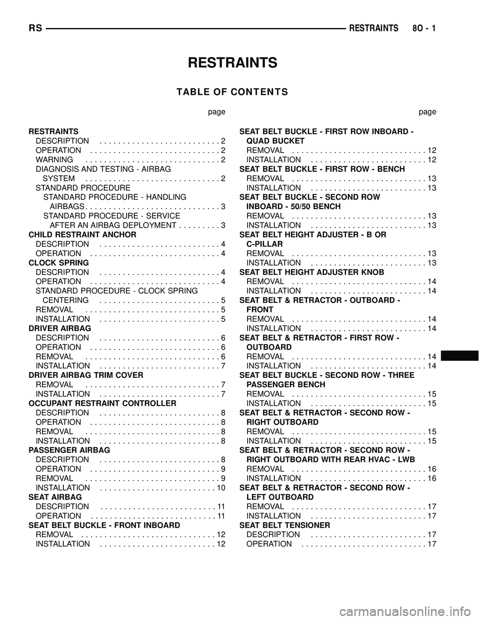 DODGE TOWN AND COUNTRY 2004 Service Manual RESTRAINTS
TABLE OF CONTENTS
page page
RESTRAINTS
DESCRIPTION..........................2
OPERATION............................2
WARNING.............................2
DIAGNOSIS AND TESTING - AIRBAG
SYS DODGE TOWN AND COUNTRY 2004 Service Manual RESTRAINTS
TABLE OF CONTENTS
page page
RESTRAINTS
DESCRIPTION..........................2
OPERATION............................2
WARNING.............................2
DIAGNOSIS AND TESTING - AIRBAG
SYS