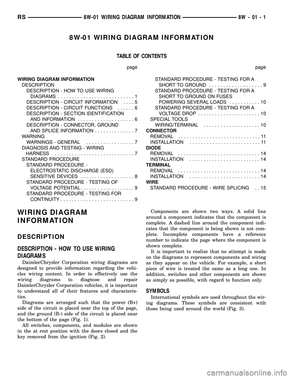 DODGE TOWN AND COUNTRY 2004 Service Manual 8W-01 WIRING DIAGRAM INFORMATION
TABLE OF CONTENTS
page page
WIRING DIAGRAM INFORMATION
DESCRIPTION
DESCRIPTION - HOW TO USE WIRING
DIAGRAMS...........................1
DESCRIPTION - CIRCUIT INFORMATI DODGE TOWN AND COUNTRY 2004 Service Manual 8W-01 WIRING DIAGRAM INFORMATION
TABLE OF CONTENTS
page page
WIRING DIAGRAM INFORMATION
DESCRIPTION
DESCRIPTION - HOW TO USE WIRING
DIAGRAMS...........................1
DESCRIPTION - CIRCUIT INFORMATI