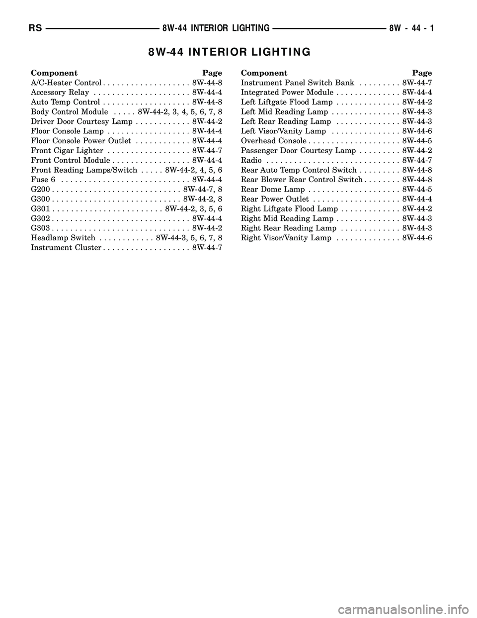 DODGE TOWN AND COUNTRY 2004  Service Manual 8W-44 INTERIOR LIGHTING
Component Page
A/C-Heater Control................... 8W-44-8
Accessory Relay..................... 8W-44-4
Auto Temp Control................... 8W-44-8
Body Control Module..... 